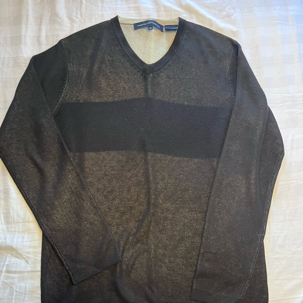 V neck sweater. 53% cotton and 47 % acrylic. Very comfortable to wear them.